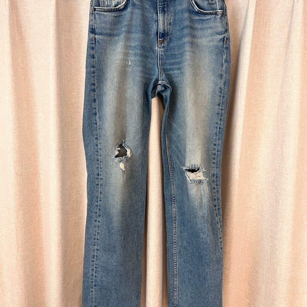 ASKK NY Blue Straight Leg Jeans with Distressed Details